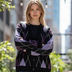 NWT H&M Unisex Purple Black Argyle Cardigan Sweater | Cozy Button-Up Knit Wool